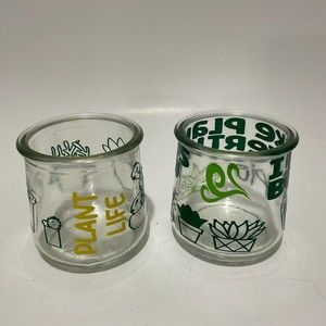 Pair of Plant Life upcycled Oui yogurt succulent pot, votive holder